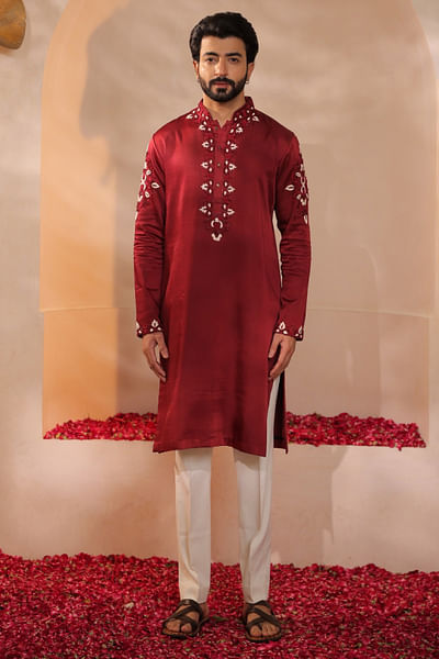 Maroon thread and bead embroidered kurta set