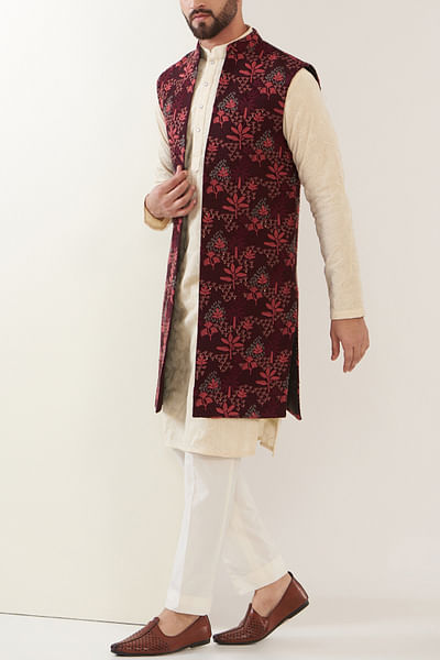 Maroon tree embroidery long shrug