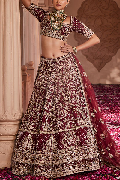 Maroon zardozi and thread embroidered lehenga set