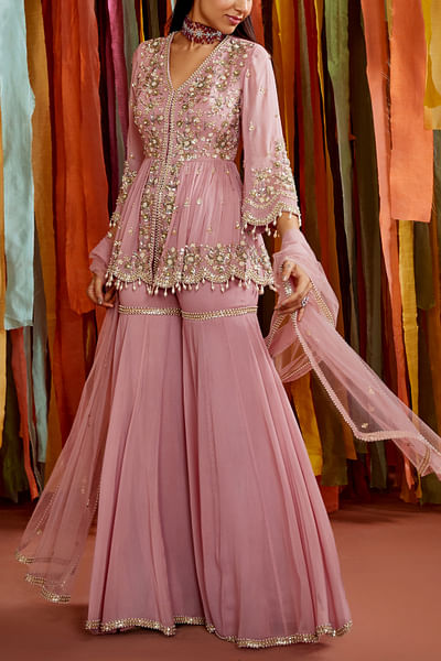 Mauve embellished peplum and sharara set
