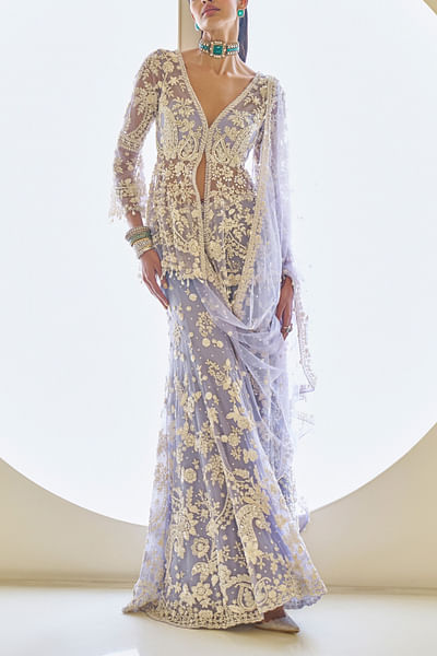 Mauve floral pearl embroidery sharara set