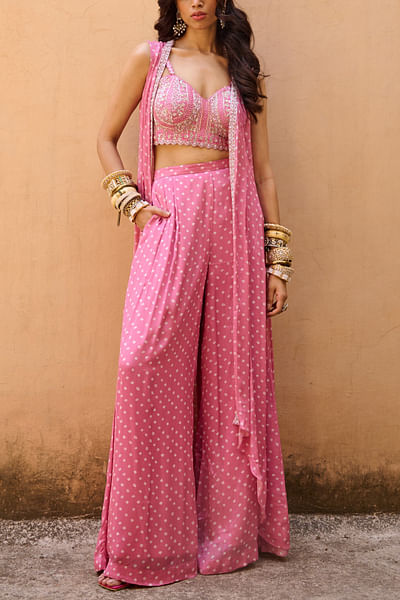 Mauve pink bandhani print zardozi embroidery jacket set