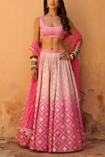 Mauve pink ombre woven lehenga set
