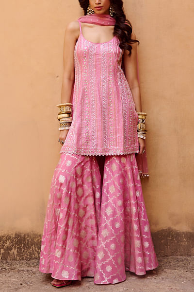 Mauve pink zardozi embroidery woven gharara set