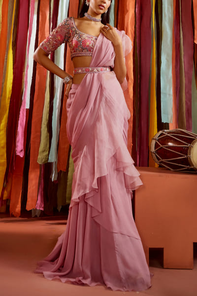Sanya Gulati Mauve pre-draped ruffle sari set LSGMAY2319