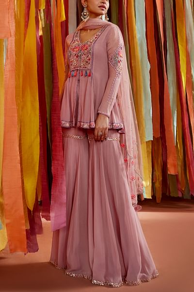 Mauve resham thread embroidered kurta and sharara set