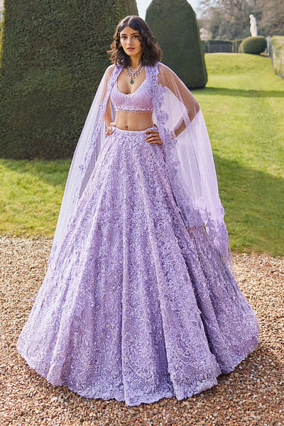 Mauve sequin and crystal embellished lehenga set