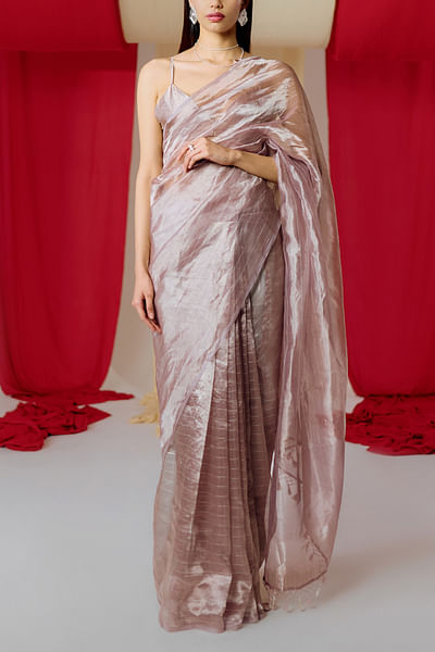 Mauve stripe banarasi kadhwa sari set