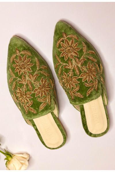 Mehendi green floral dabka embroidery mules