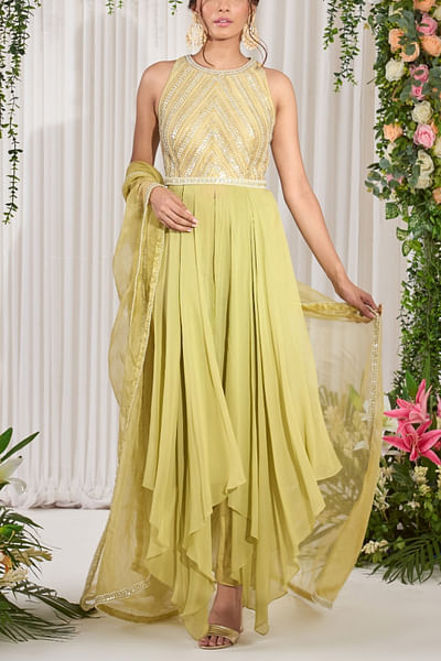 Mehendi green pearl and sequin embellished kurta set