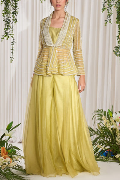 Mehendi green pearl and sequin embellished sharara set