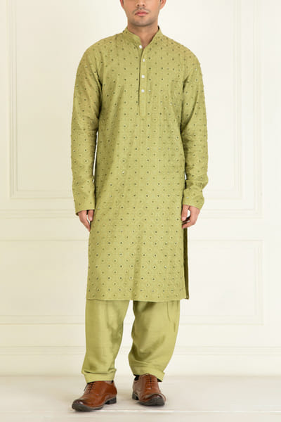 Mehndi green embroidered kurta set