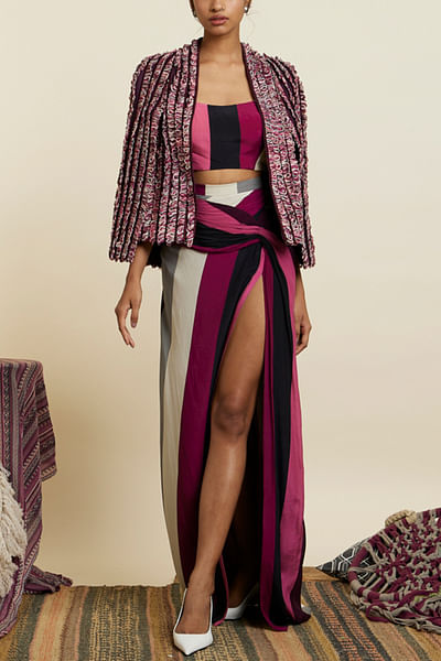 Merlot textured jacket and stripe skirt set