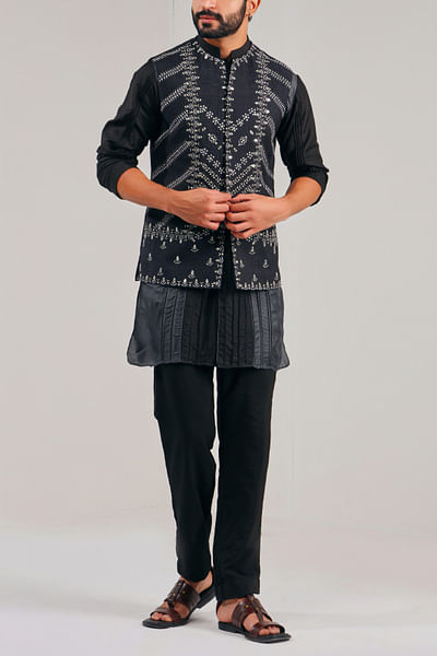 Midnight black mirror embellished Nehru jacket