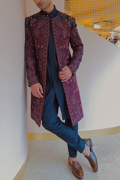 Midnight blue and wine floral embroidered jacket set