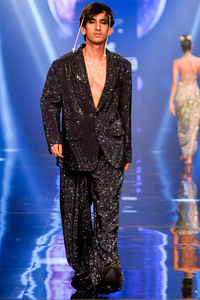 Midnight blue crystal embellished blazer pants