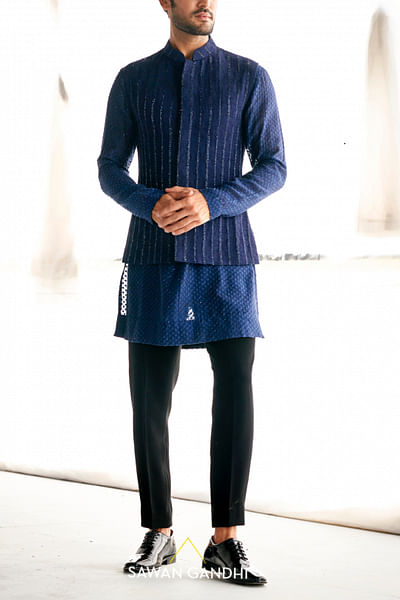 Midnight blue cutdana embellished Nehru jacket set