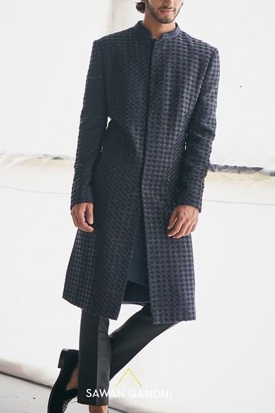 Midnight blue cutdana embellished sherwani set