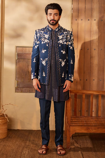 Midnight blue embroidered jacket kurta set