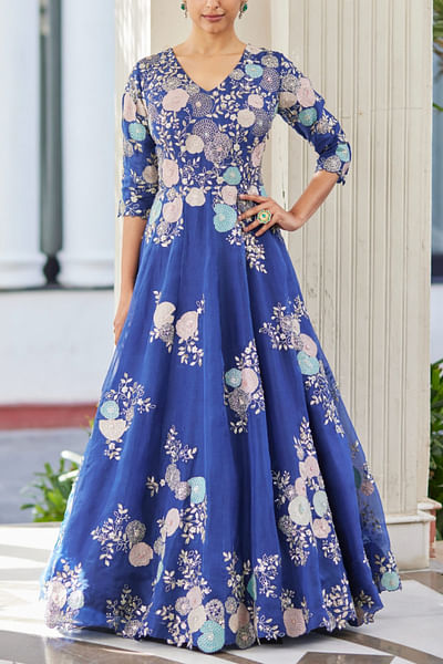 Midnight blue floral applique work gown