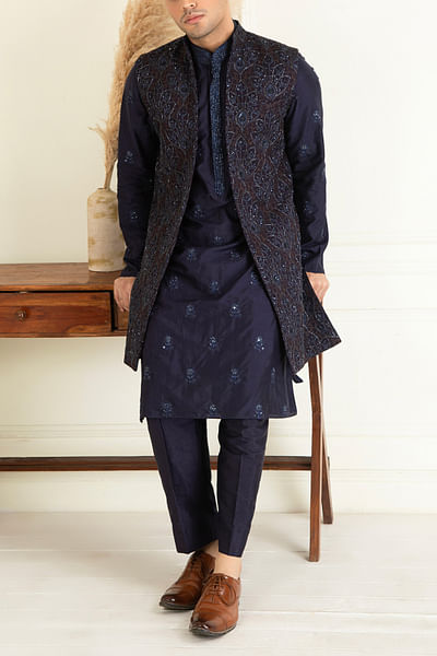 Midnight blue front open embroidered jacket set