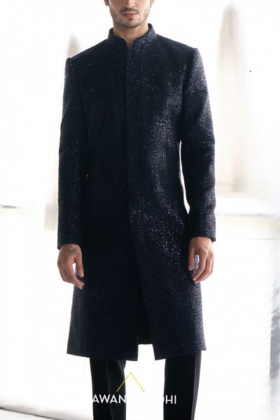 Midnight blue sequin embellished sherwani set