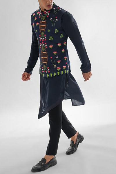 Midnight blue thread and sequin embroidered Nehru jacket set