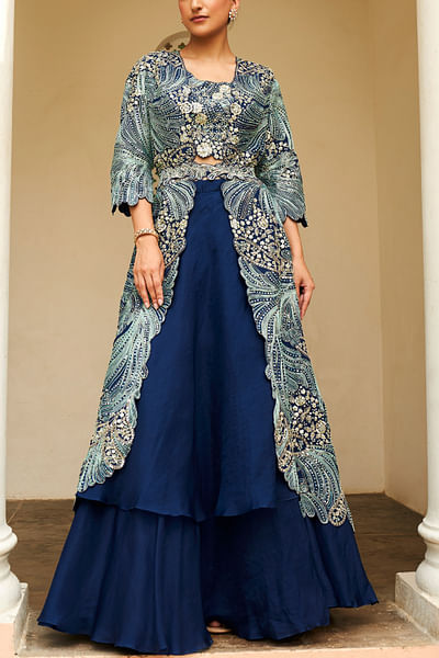 Midnight blue thread embroidery jacket set
