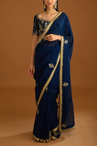 Midnight blue zardozi embroidered sari set