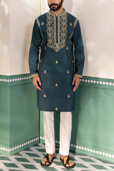 Midnight green floral embroidery kurta set