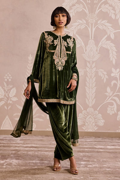 Military green embroidered kurta set