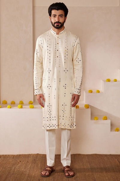 Milky white mirror embroidered kurta set