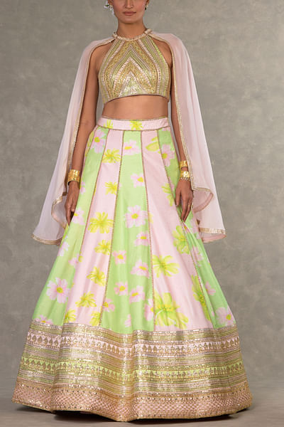 Mint and baby pink floral print lehenga set