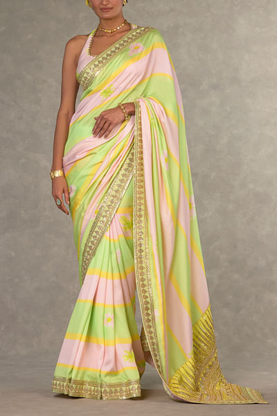 Mint and baby pink leheriya print sari set
