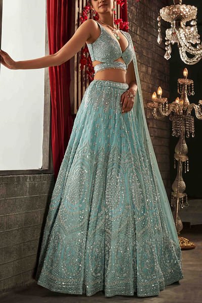 Mint blue pearl and sequin embroidered lehenga set