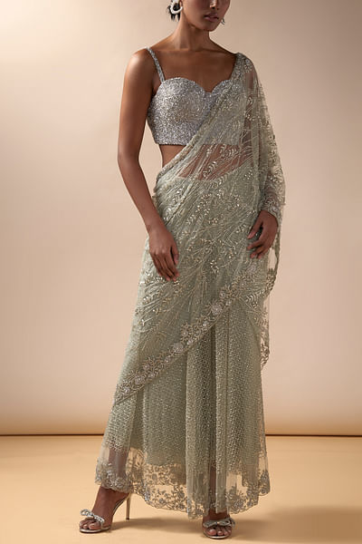Mint crystal embellished sharara sari set