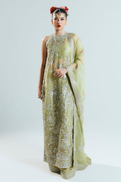 Hussain Rehar Mint cutdana embroidered kurta set HUSFEB25D115925
