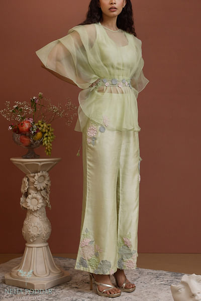 Mint floral cutwork embellished cape set