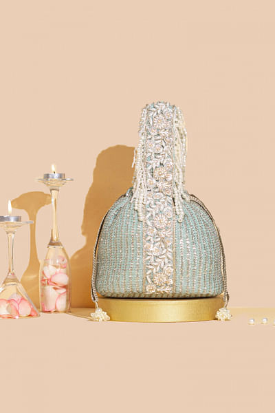 Mint floral embroidery bucket bag