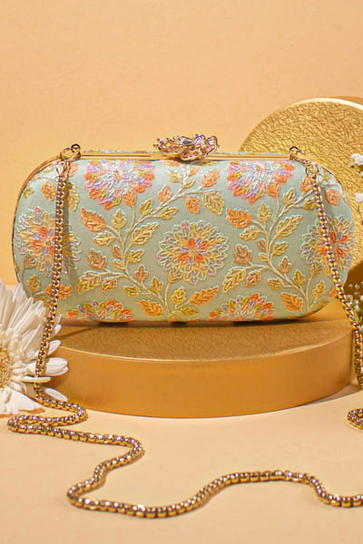 Mint floral embroidery capsule clutch