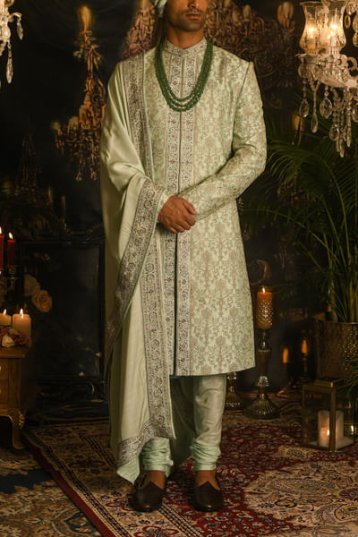 Mint floral embroidery sherwani set