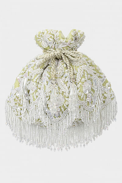 Mint floral pearl bead embroidery potli bag