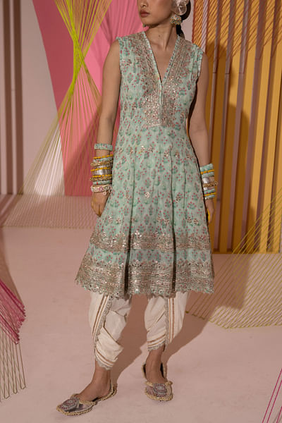 Mint floral print kurta and dhoti