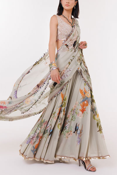Mint floral print lehenga sari set