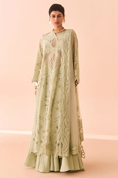 Mint green appliqued kurta and lehenga set