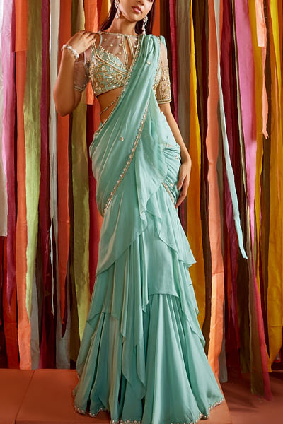 Mint green embellished pre-draped ruffle georgette sari set