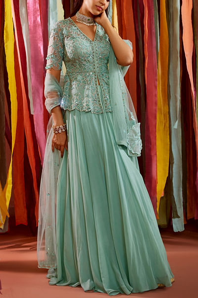 Mint green floral embroidered peplum and skirt set
