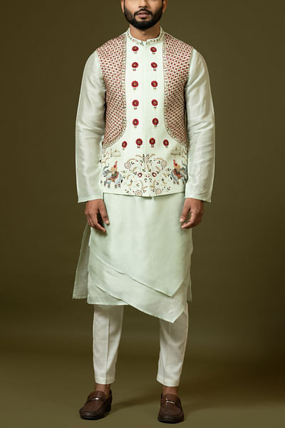 Mint green floral embroidery Nehru kurta set