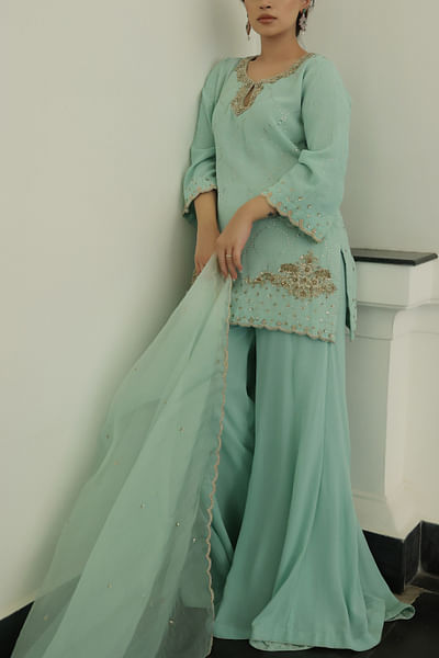 Mint green floral embroidery sharara set