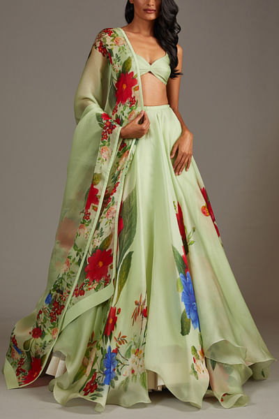 Mint green floral print lehenga set